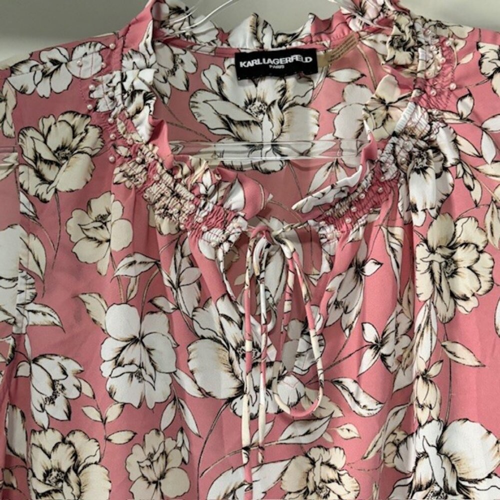 Karl Lagerfeld Paris Pink Floral Sleeveless Blouse L Pearl Tie Cottagecore Boho